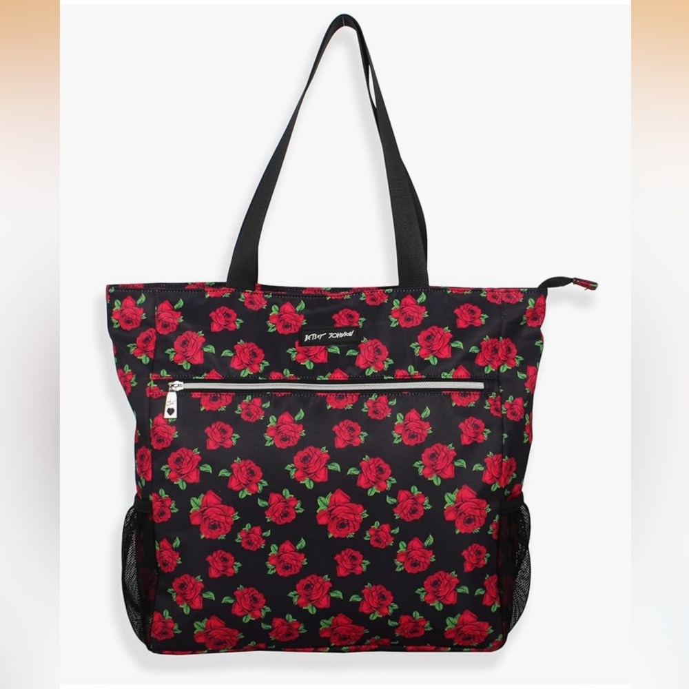 🆕 Betsey Johnson Black Tote with Red Rose Print
